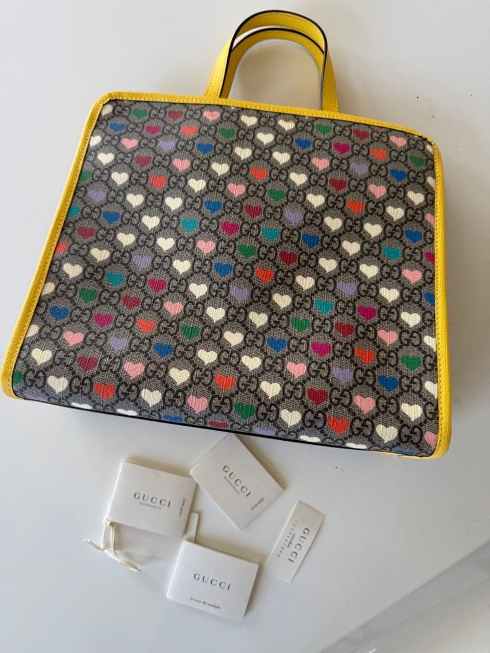 Gucci Multicolor Heart GG Supreme Canvas Tote with Yellow Trim and Handles